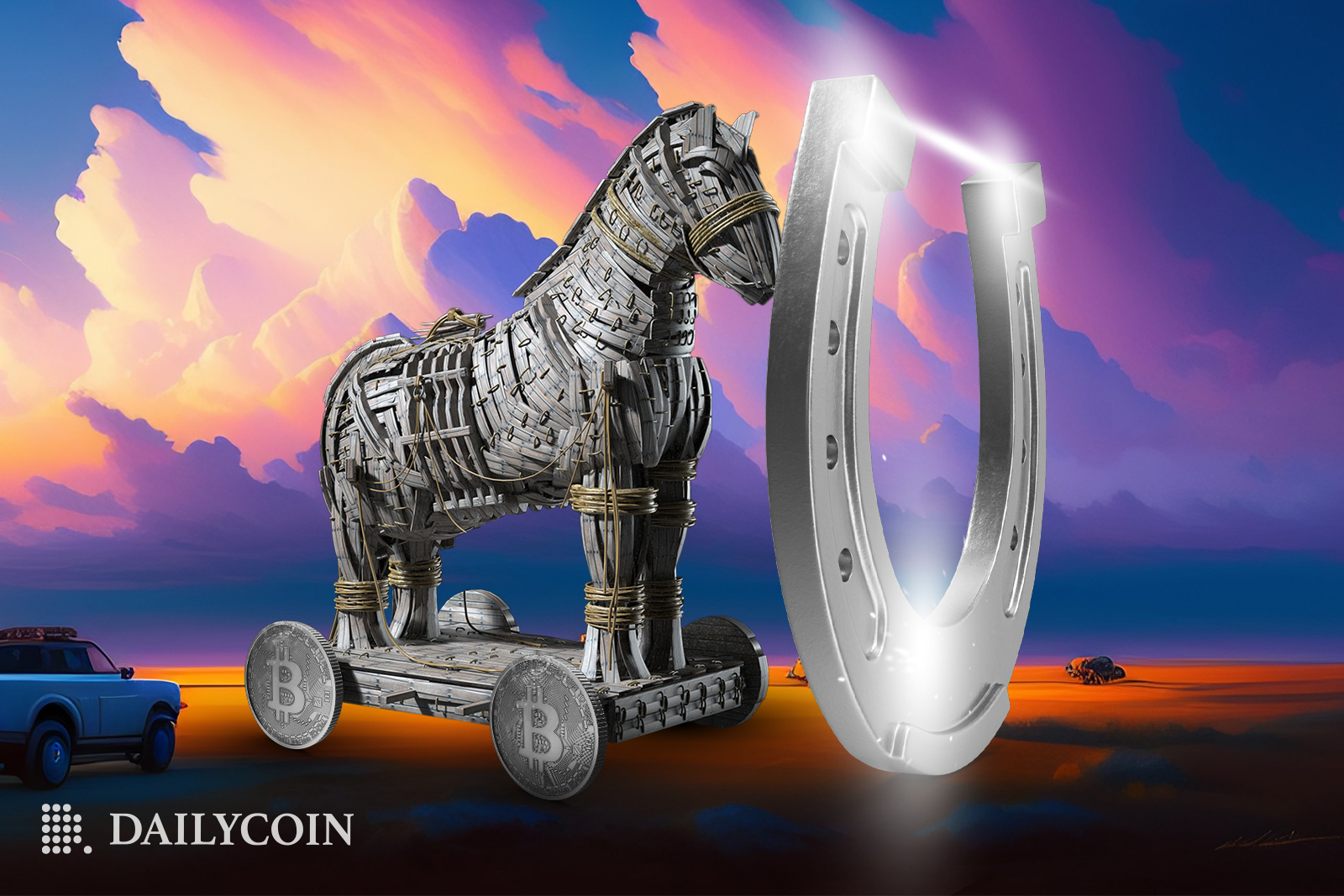 Horse with Bitcoins for wheels standing next to a small blue car and staring at a giant glowing horseshoe.