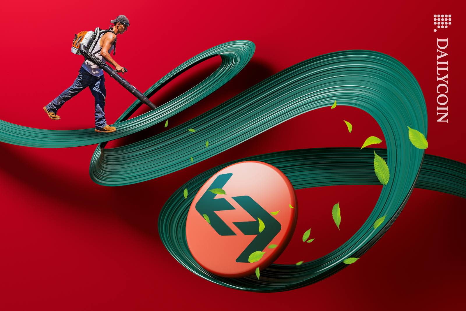 Man using a leaf blower to blow away a red Bitget logo.