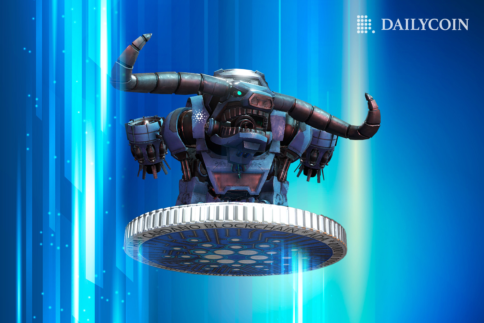 Metal bull robot flying upwards on a Cardano ADA token.