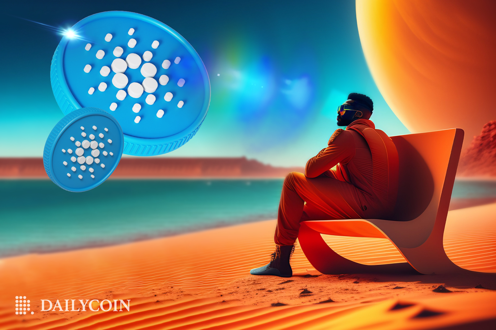 A man sitting on a chair and looking at Cardano ADA coin
