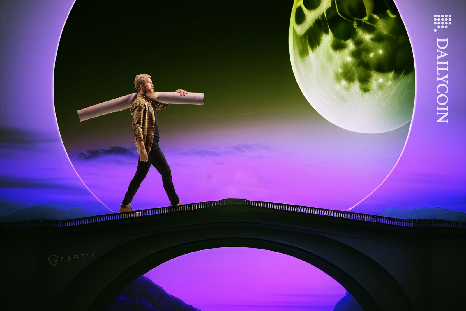 A man carrying a rug over a bridge towards a green moon.