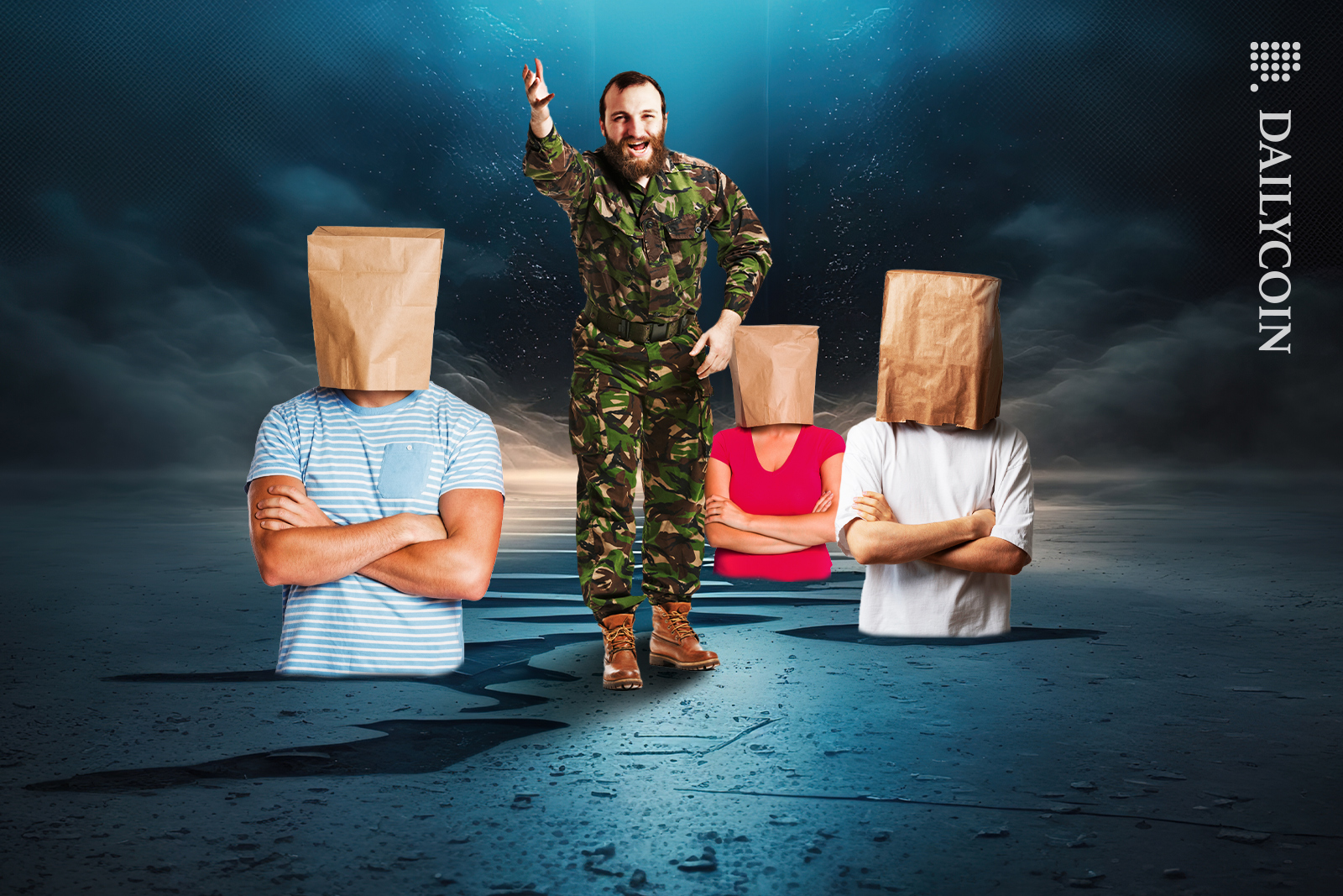 Charles Hoskinson wearing a green como suit in front of half buried people with paper backs on their heads.