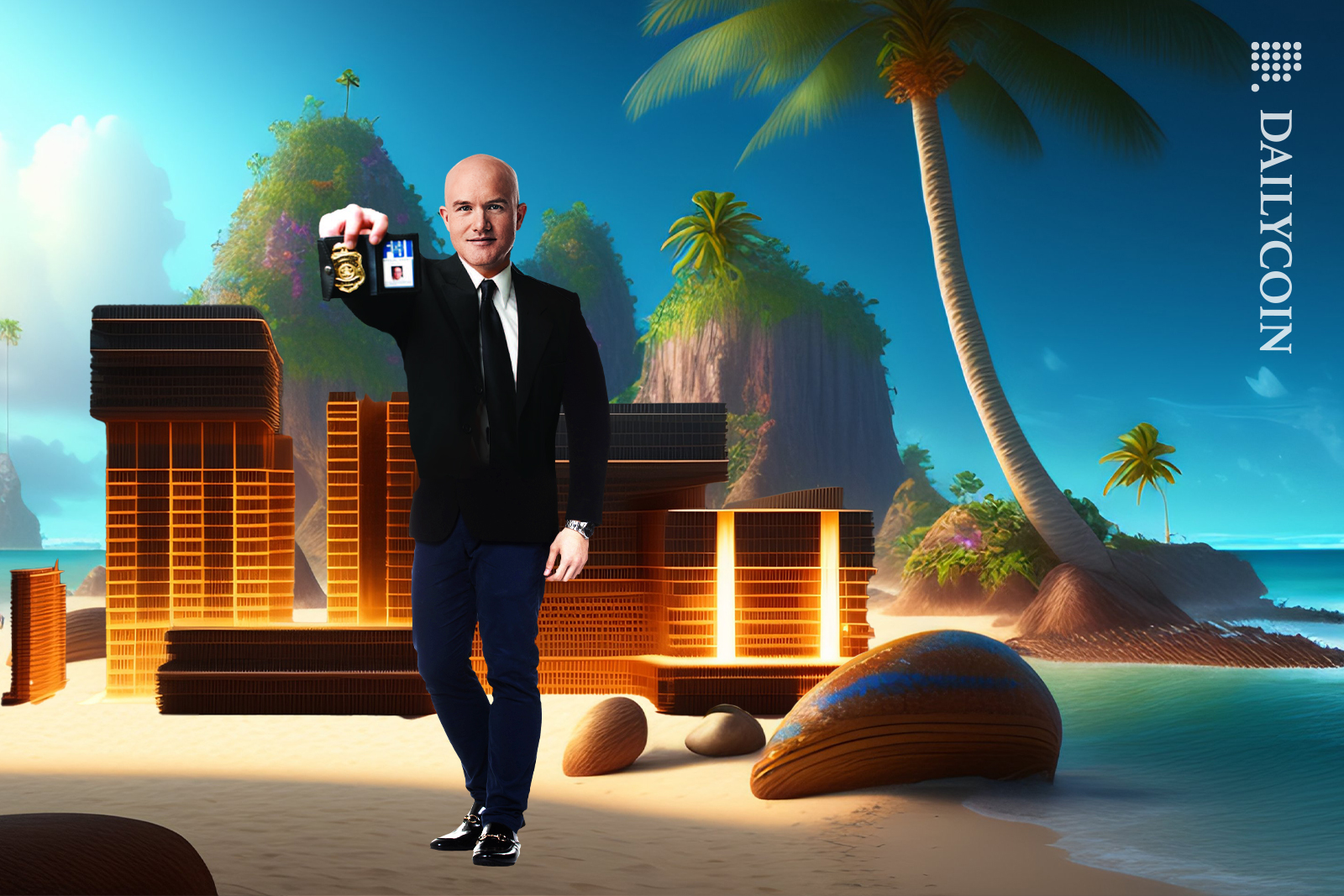 Brian Armstrong on a remote tropical island in the middle of the ocean showing a police badge.