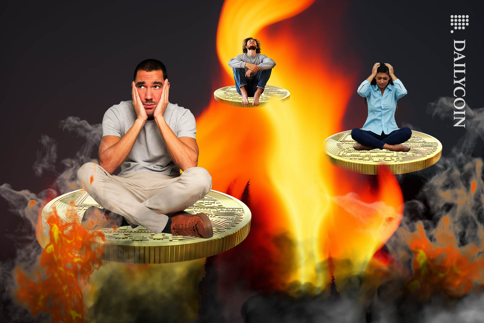 Distressed people flying away from fire on the stablecoins.