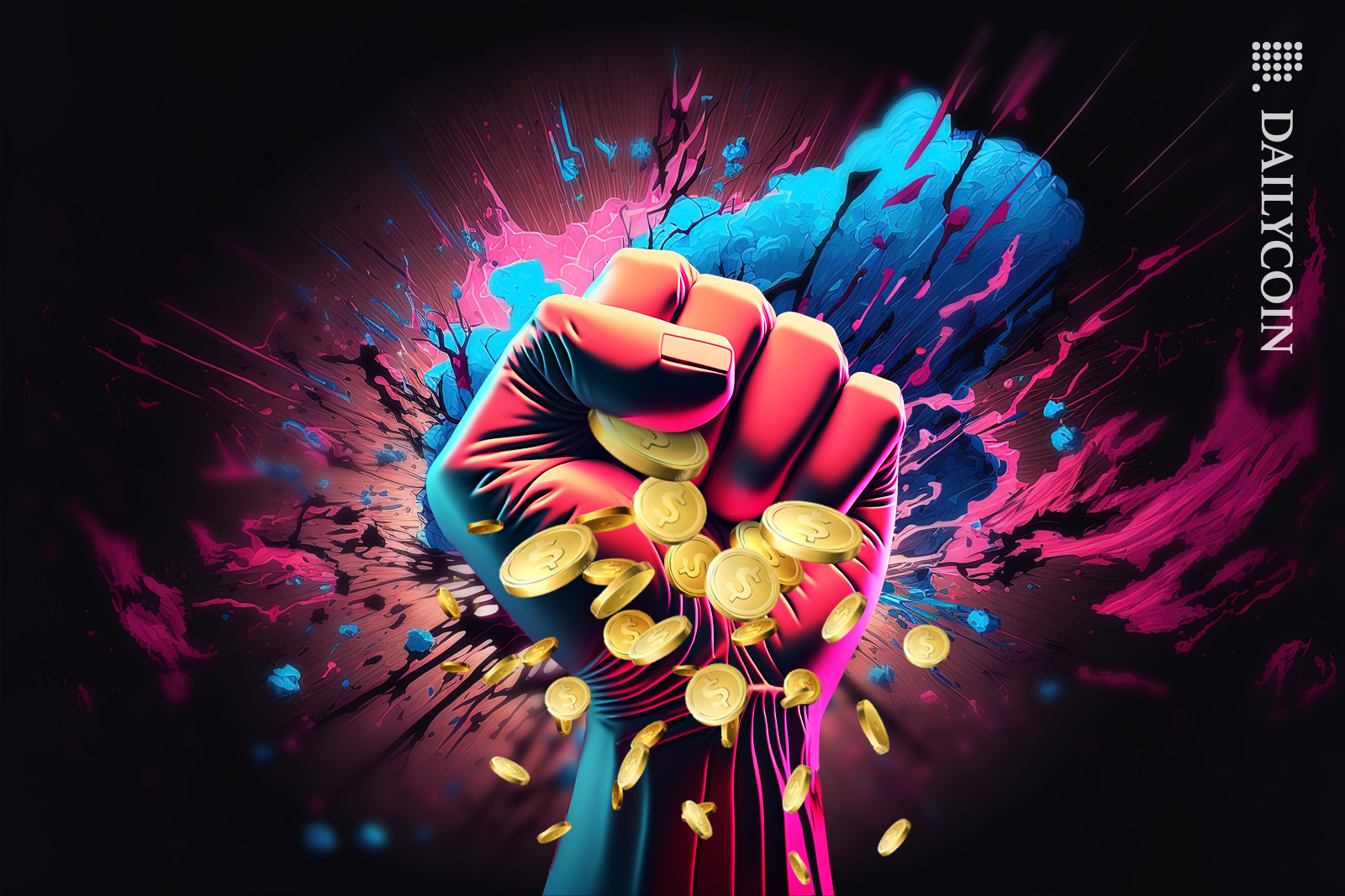 Red cartoon fist holding exploding dollar coins on an exploading background.
