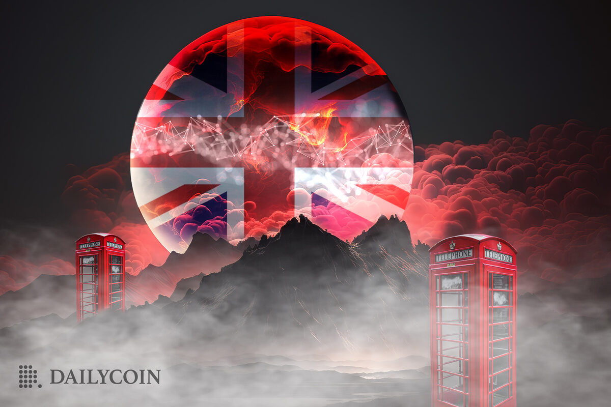 A moon with UK flag on it is rising above a dark valley full of London telephone booths.