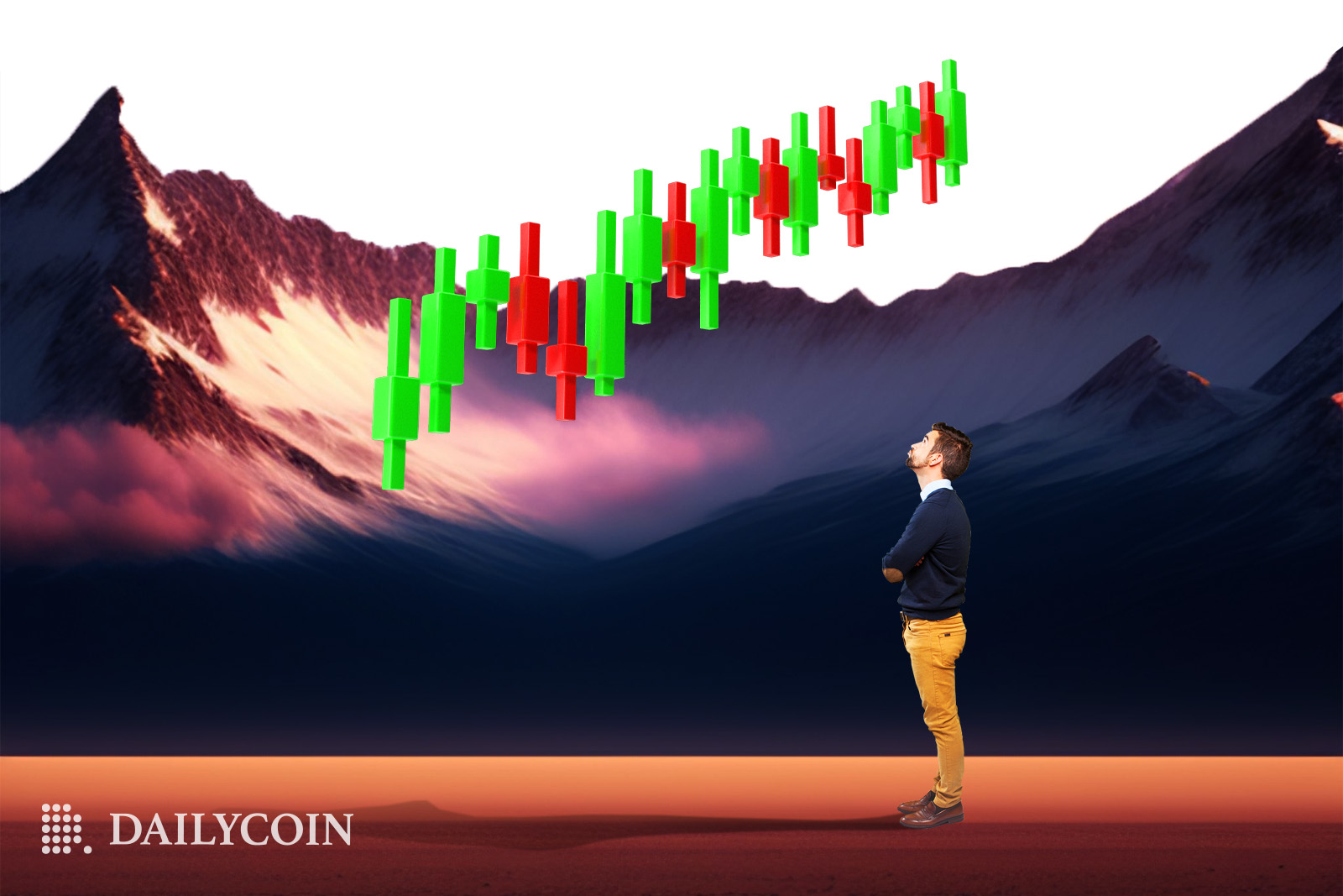A man in a valley surrounded by tall mountains looking up at a candle stick chart.