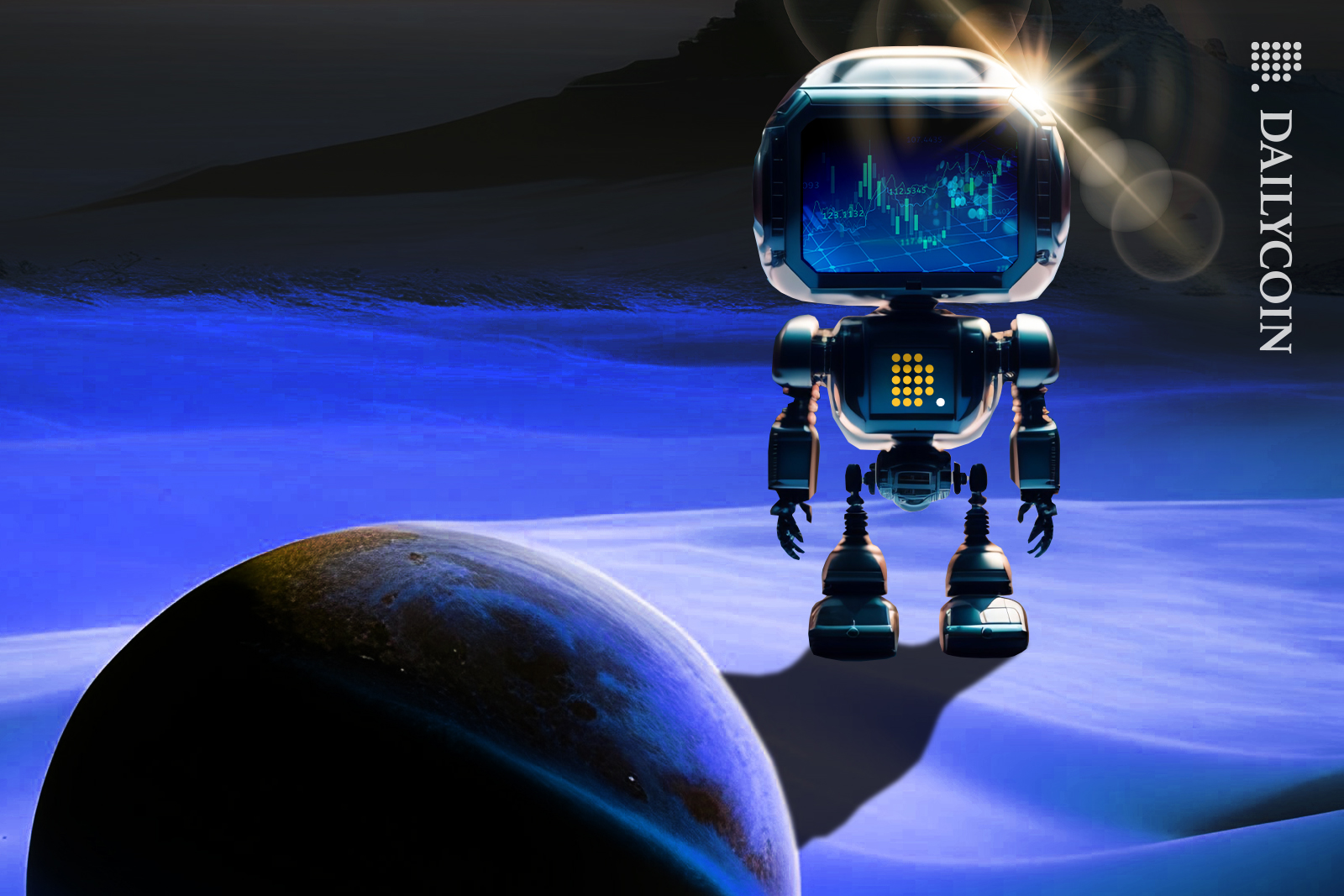 A small space robot with Ciphera logo on his chest looking at a tiny planet.