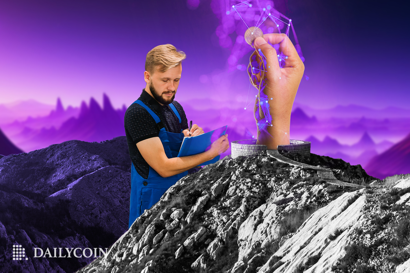 A man in blue overalls holding a blue notebook standing next to a human hand holding stablecoin.