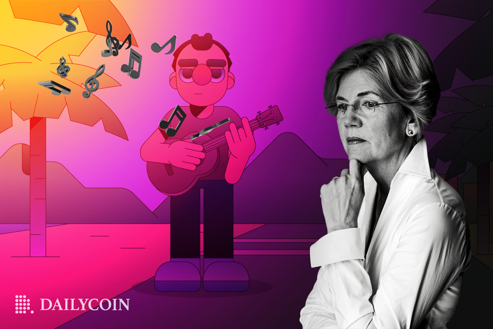 Cartoon Jonathan Mann composing a diss track against Elizabeth Warren.