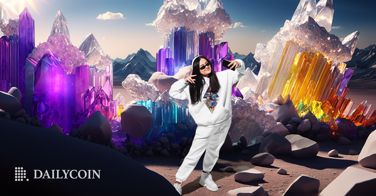 A girl in a white hoodie wearing sunglasses does a selfie in front of colorful gems.