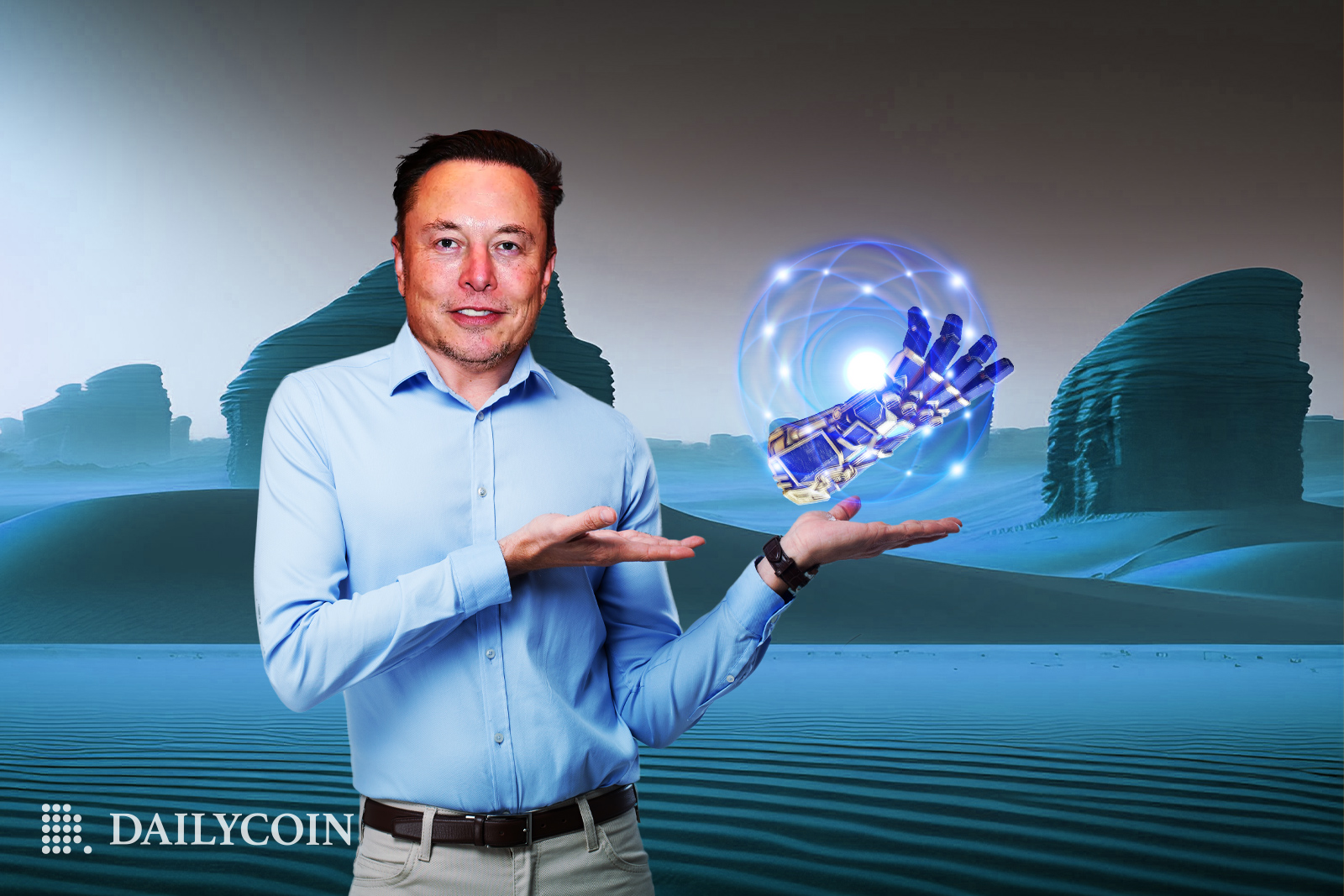 Smiling Elon Musk in a light blue shirt holding a gauntlet in a capsule.