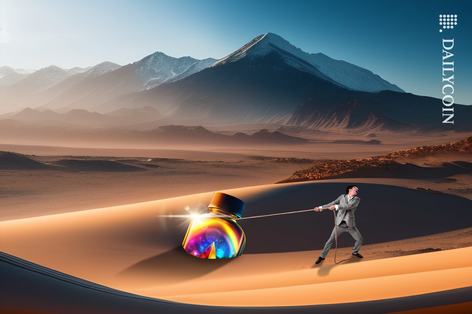 A man in a suit pulling out a giant jar with rainbow Ethereum logo on it out of the desert sand.