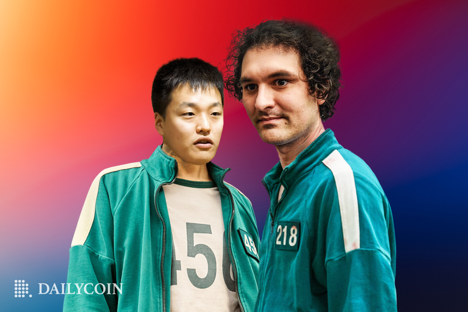 Ex FTX boss Sam Bankman-Fried and Do Kwon in Squid Game tracksuits ready for action.