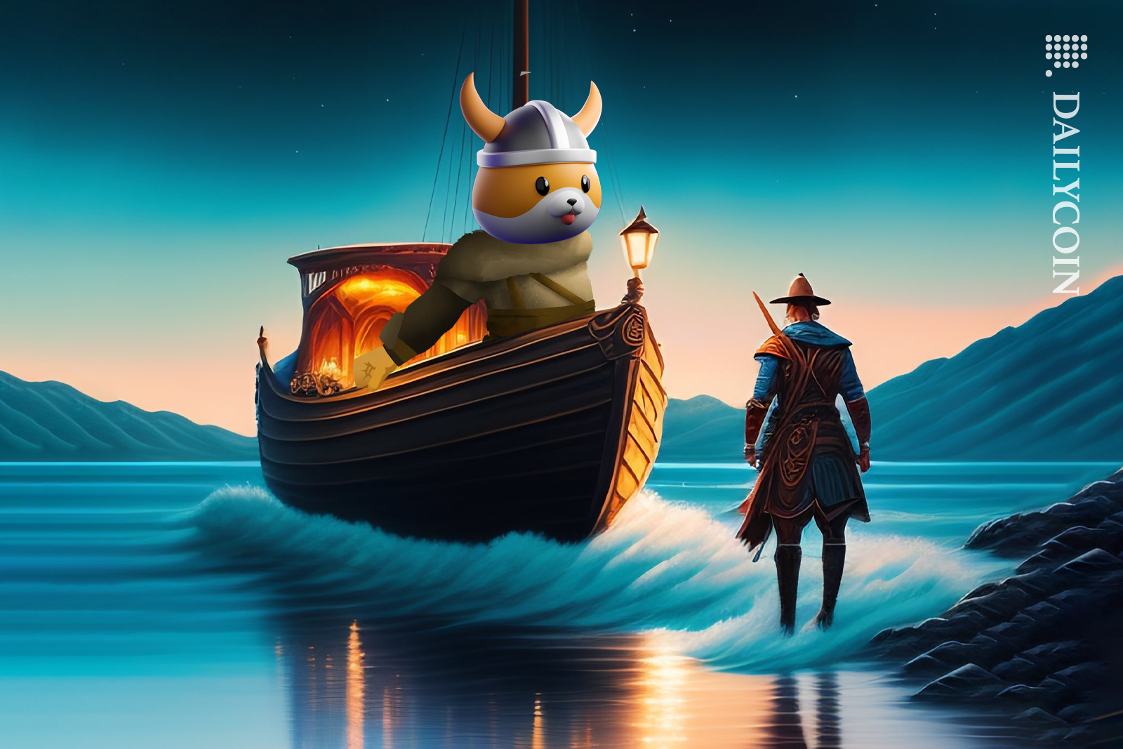Viking Shiba arriving by boat from the sea and man with armour is greeting him.