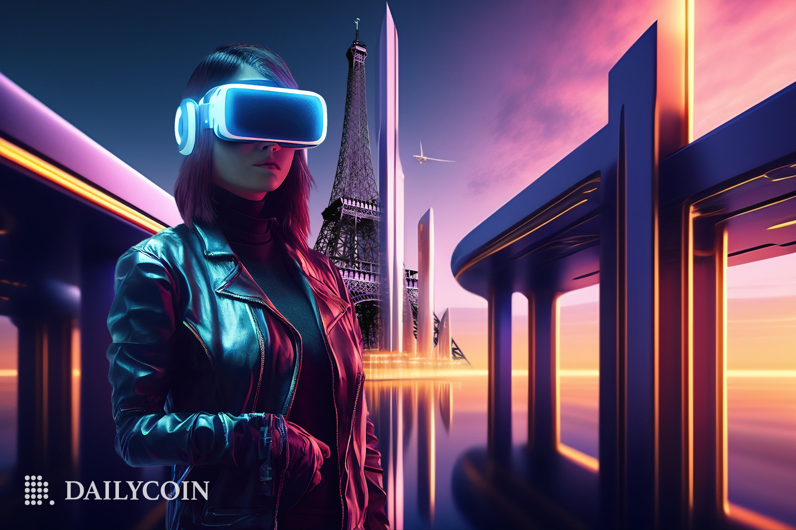 French lady wearing a VR headset to explore France's Metaverse.