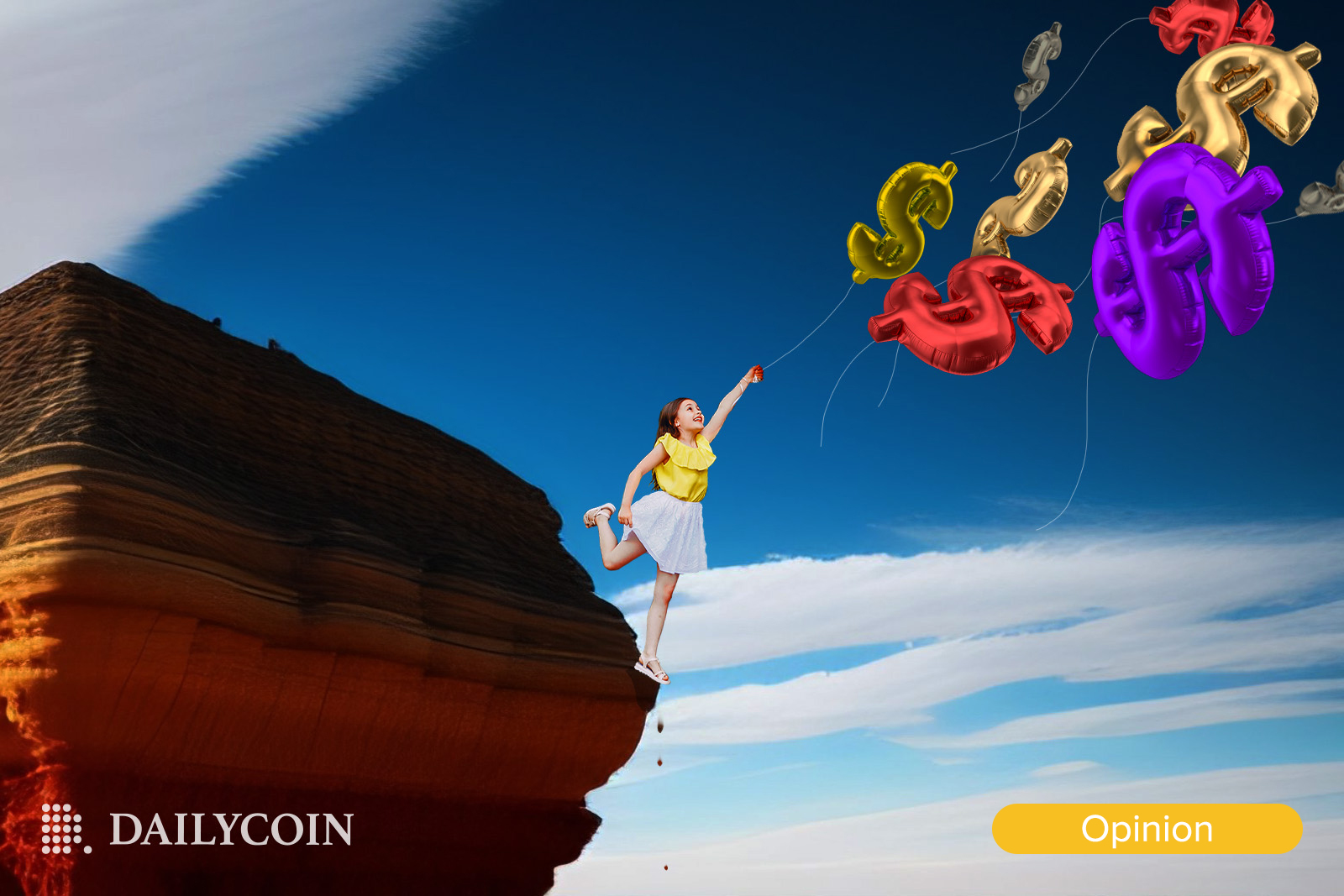 A little grill floating off a cliff holding five colorful dollar-shaped balloons.