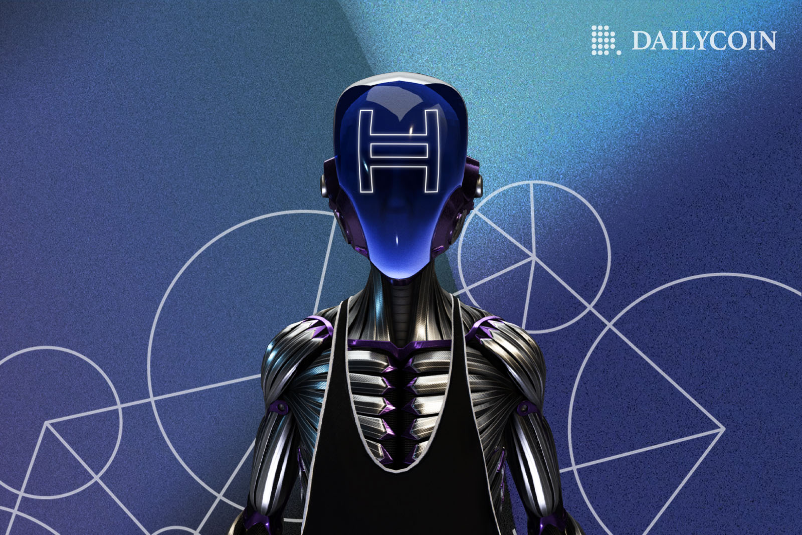 A metal robot with Hedera HBAR facemask standing in front of a blue background with circles.