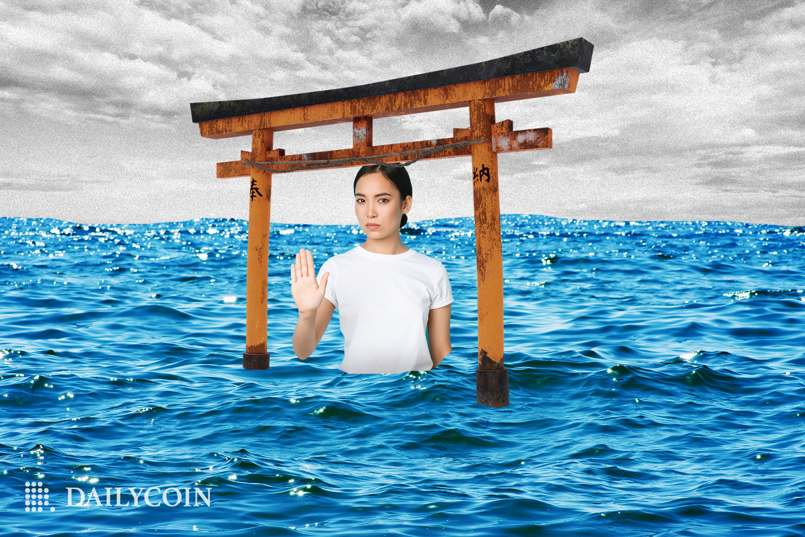 Japanese woman saying no in front of an ancient Japanese gate. Allegory for Japanese regulators denying entry to Bybit and other exchanges.