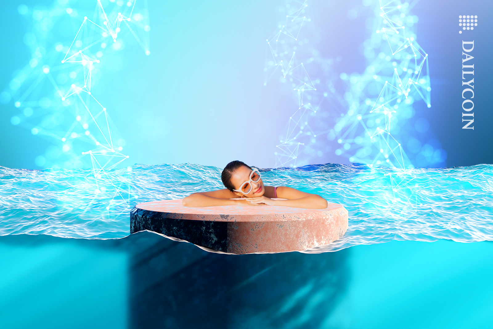 Woman laying on a stone pillar in water and DeFi connection glistening upwards.