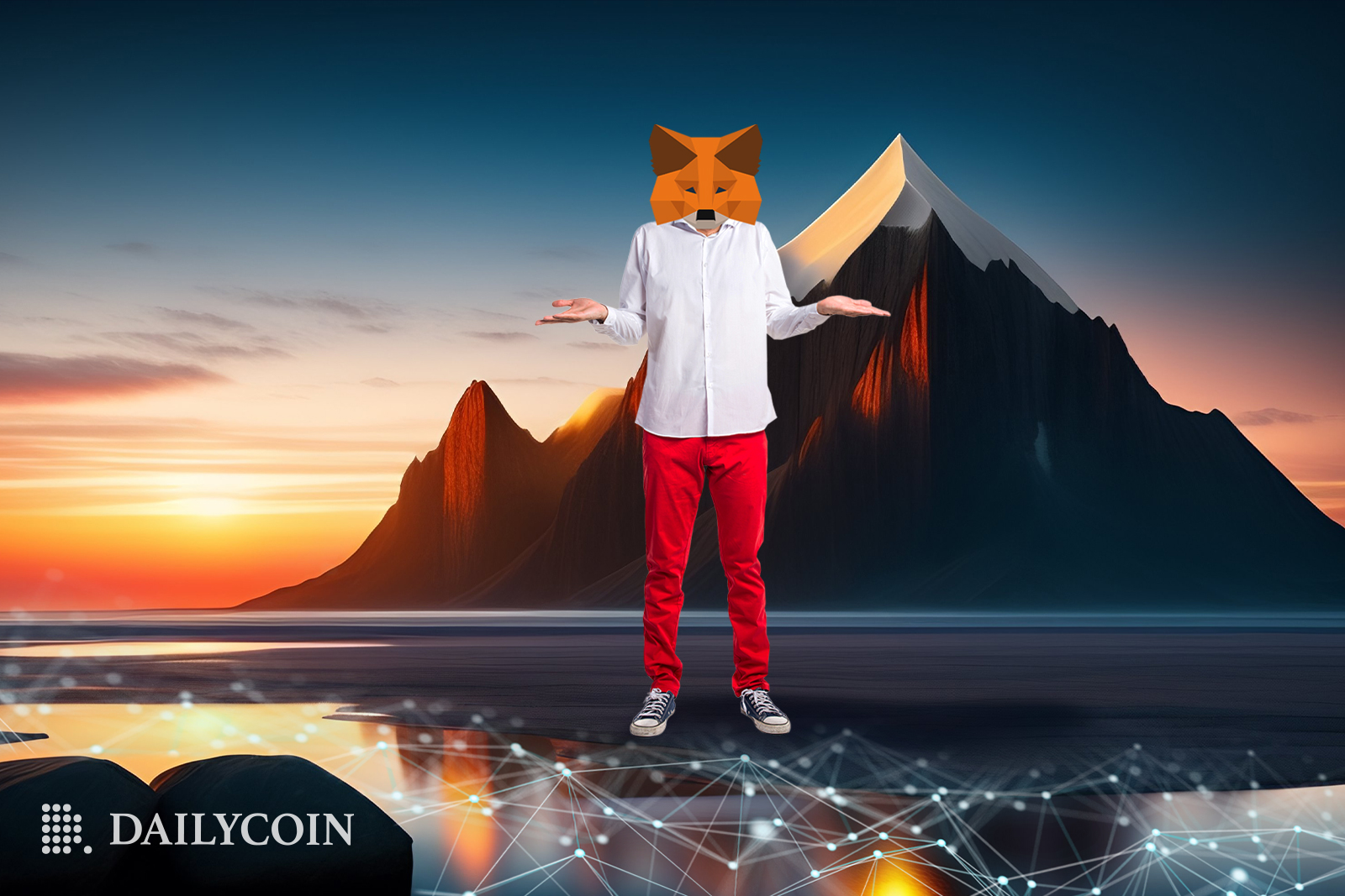 A man wearing Metamask shrugging on a frozen blackchin lake.