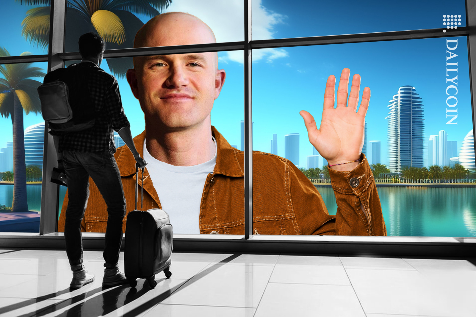 Giant Coinbase CEO Brian Armstrong waving at a traveler leaving US through a huge glass window,