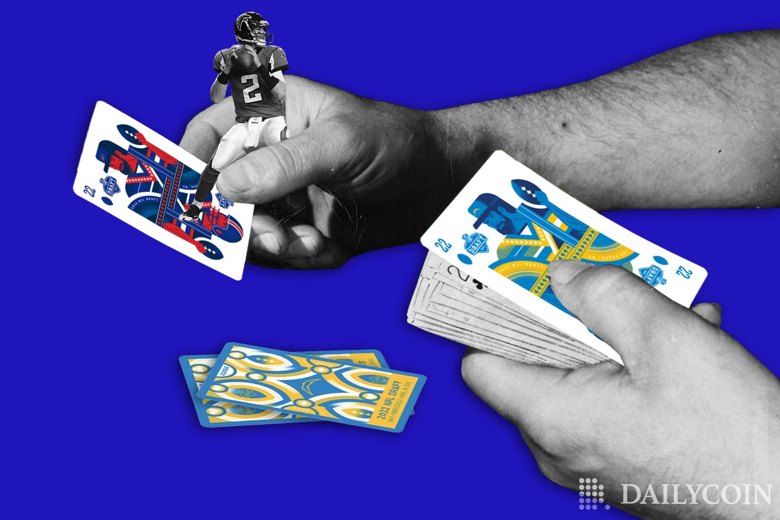 Players shuffling NFL NFT cards ahead of NFT Draft day.