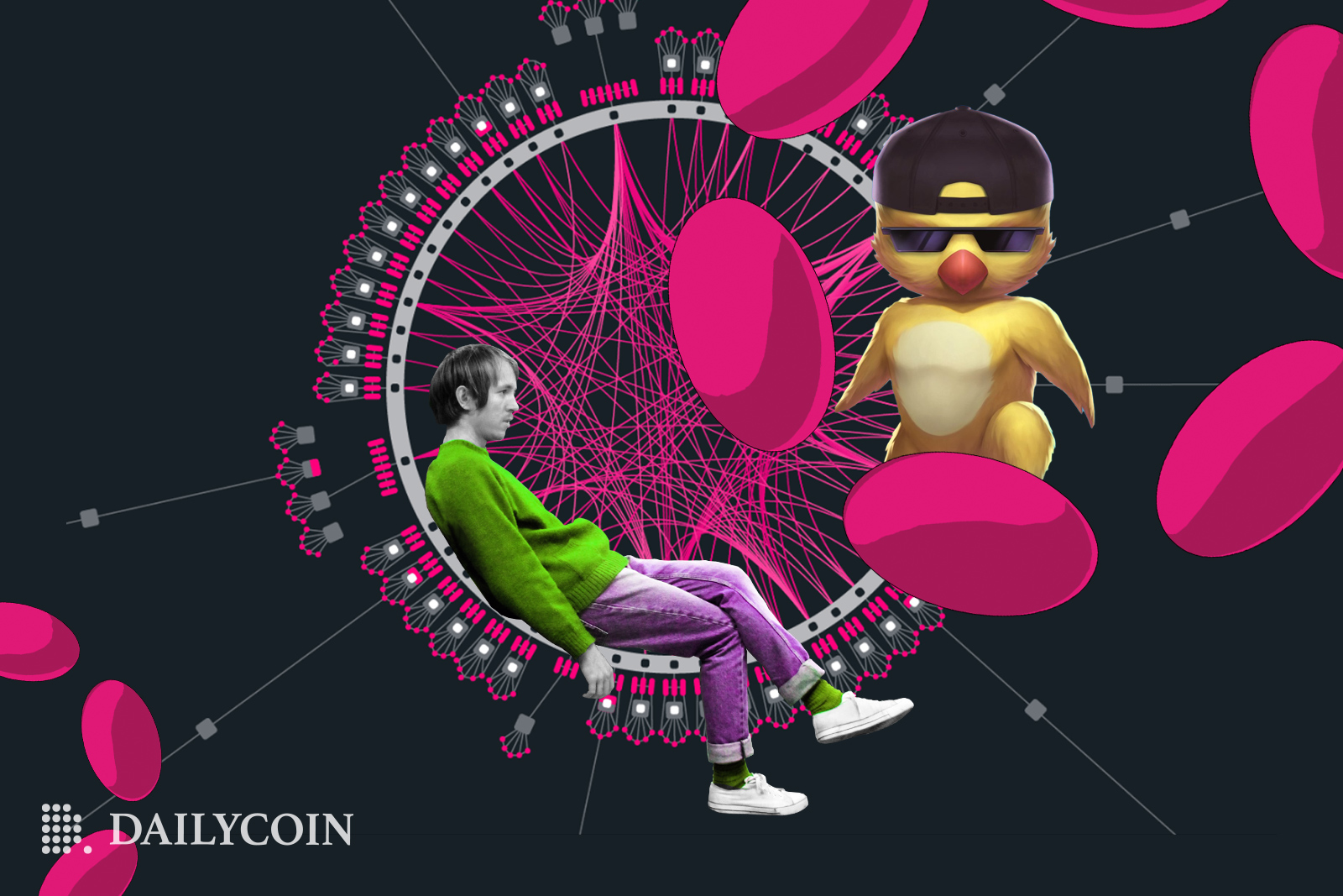 Moonbeam NFT logo next to Polkadot's logo and an image representing its ecosystem. There's also a man laying on it.