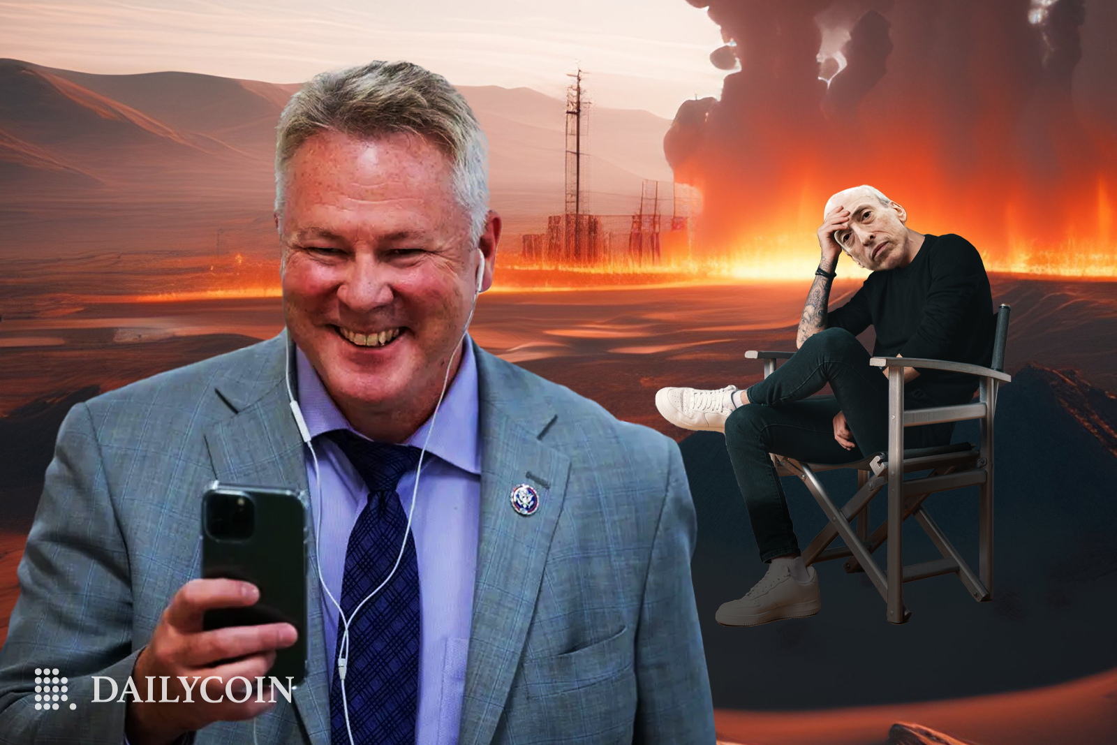 Warren Davidson laughing at his phone while Gary Gensler is sitting on a chair sad behind him.
