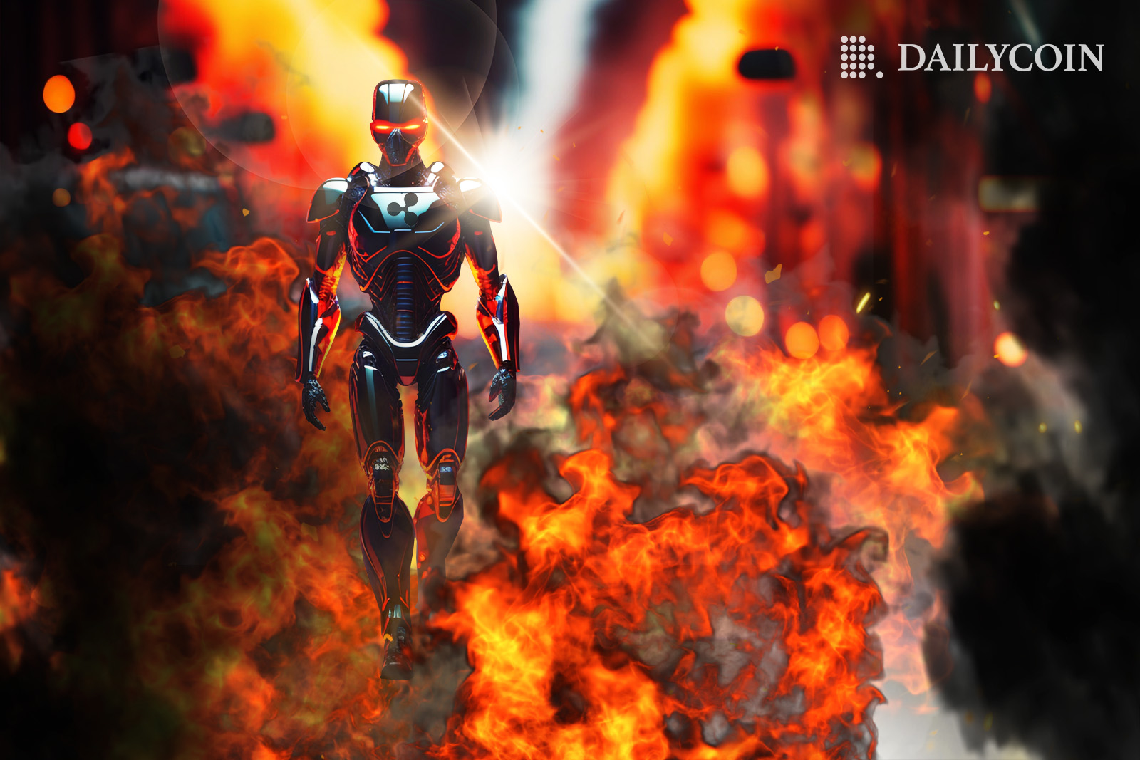 Metal robot with red eyes walking away from explosion.