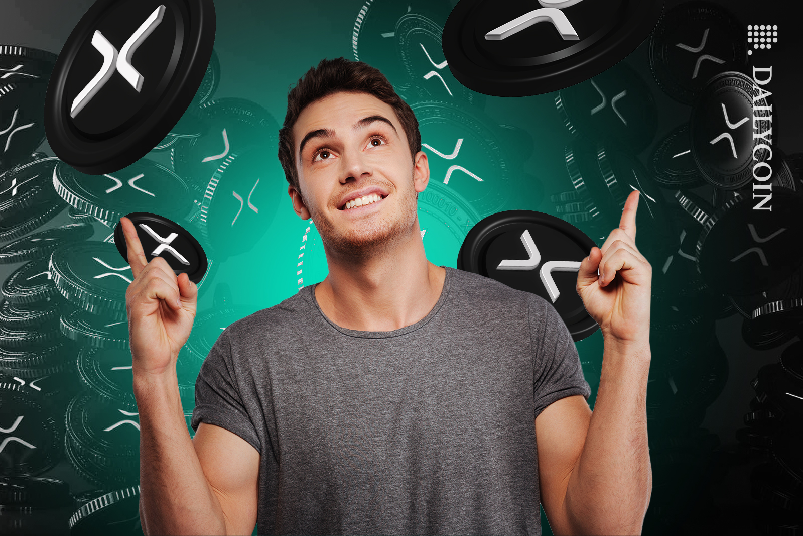 man smiling pointing up with lots of xrp tokens in the air