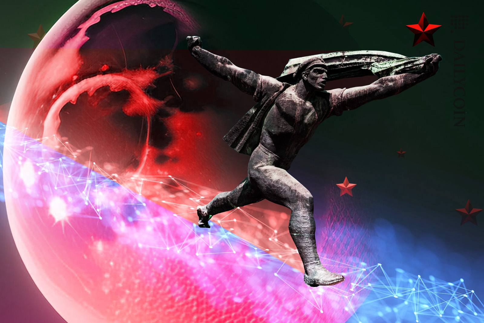 A Soviet statue of a man walking a road of blockchain in outer space in front of a red planet and red cartoon stars.