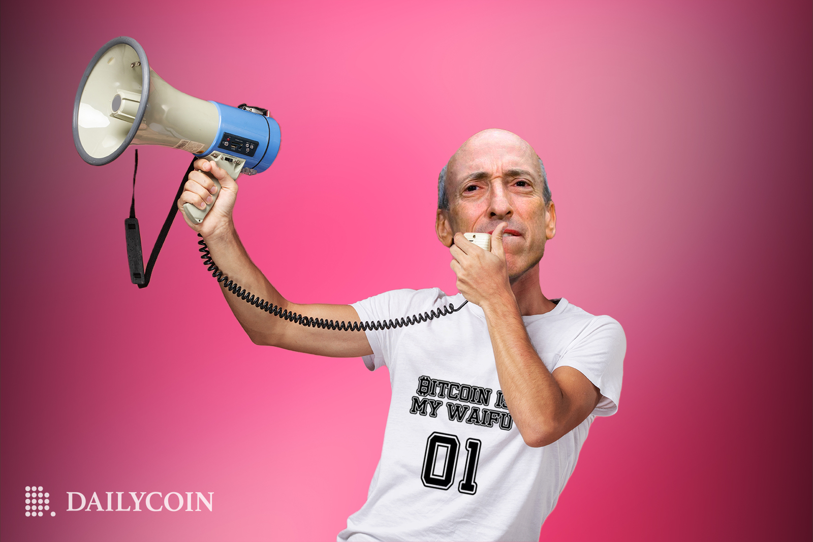 SEC Chairman Gary Gensler wearing a Bitcoin is my Waifu T-Shirt with a bullhorn