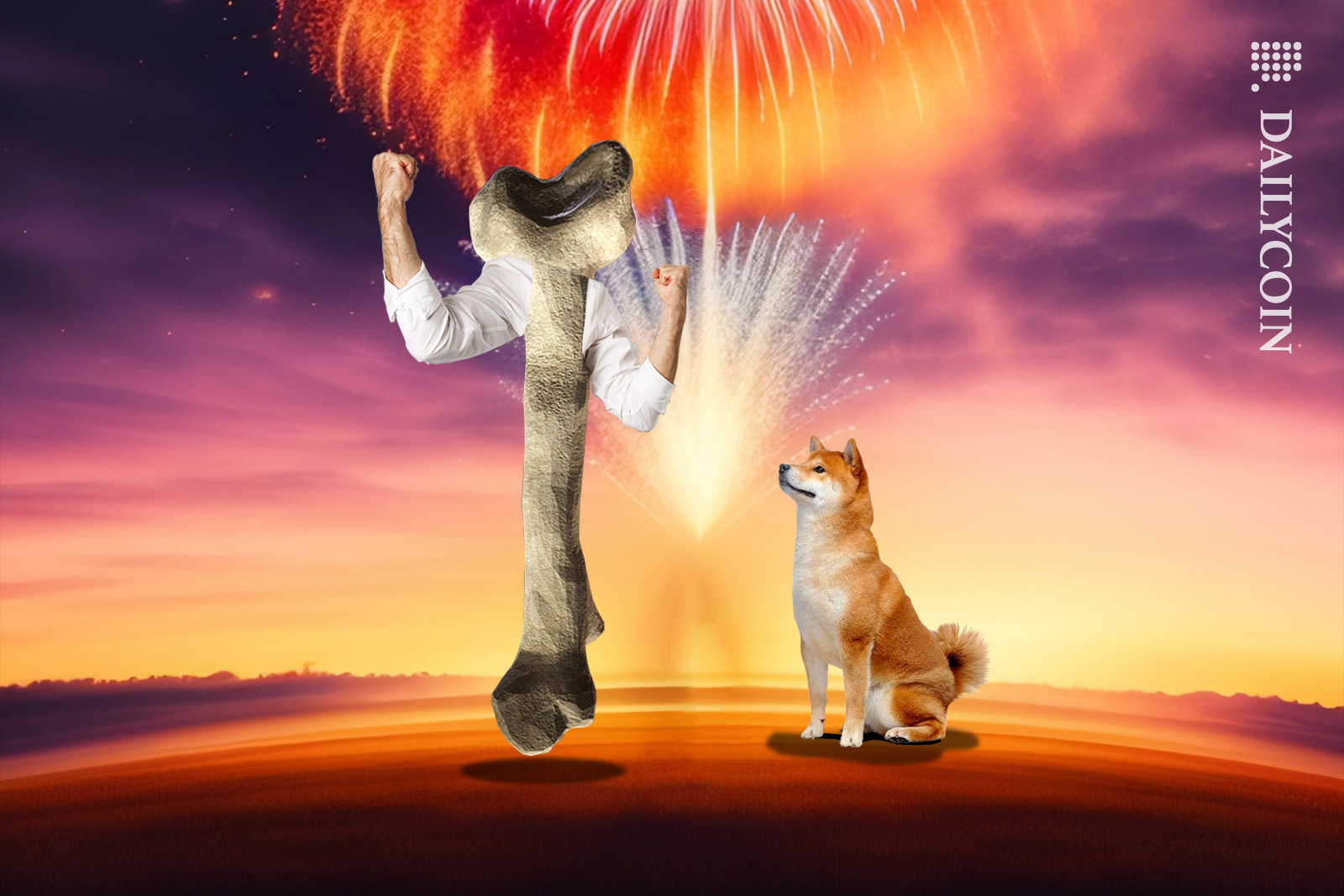 Shiba Inu looking at a large bone with human hands in front of fireworks.