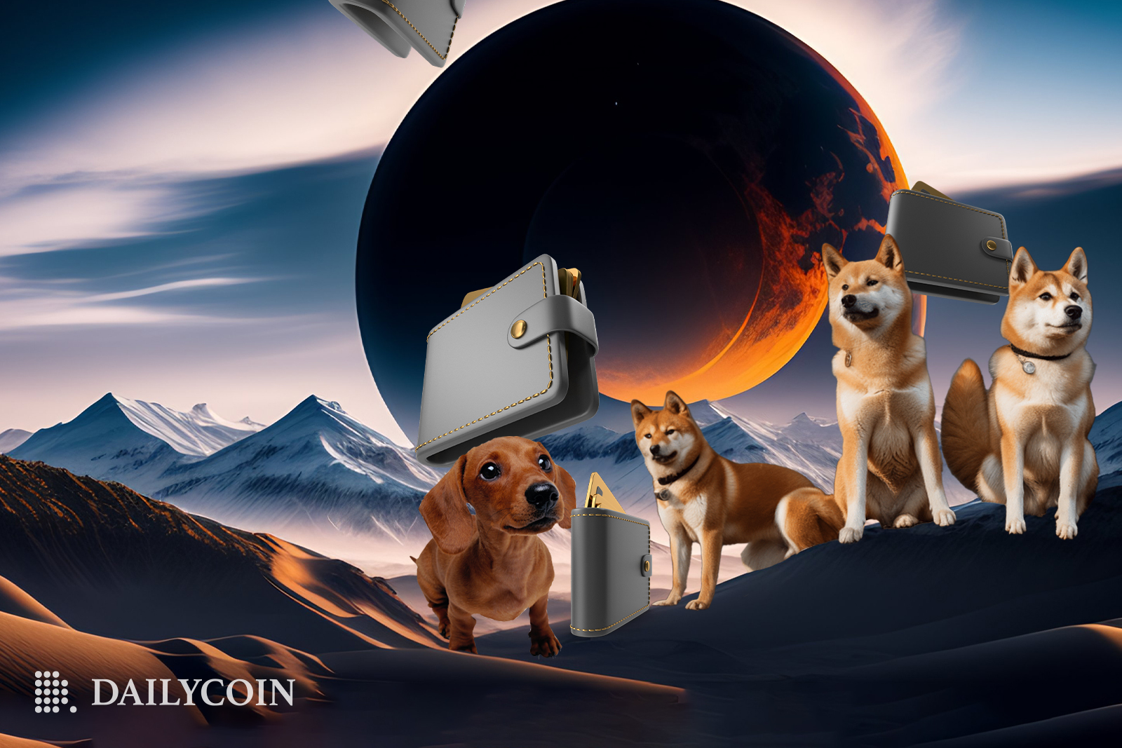 Shiba Inu dogs are sitting in the mountainous surroundings as three large grey wallets are hovering above their heads in an orange moon background.