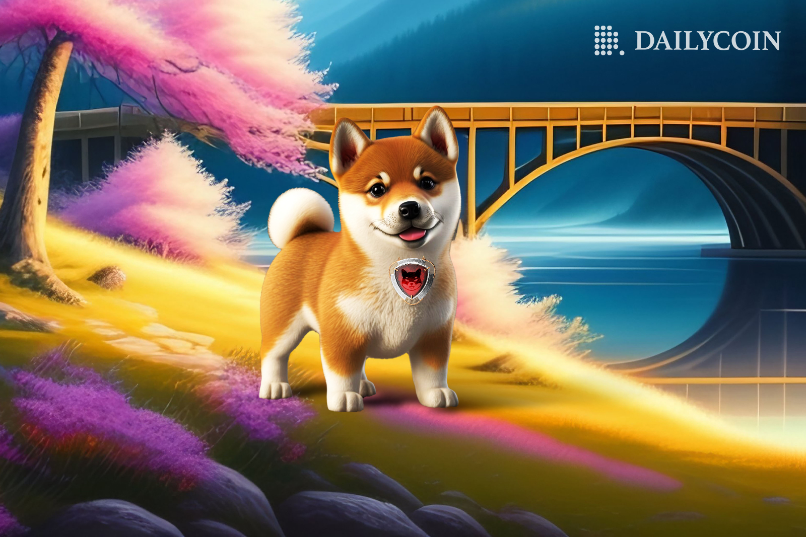 A little shiba Inu puppy with a strawberry colar standing under the sakura tree in front off a river and a bridge.