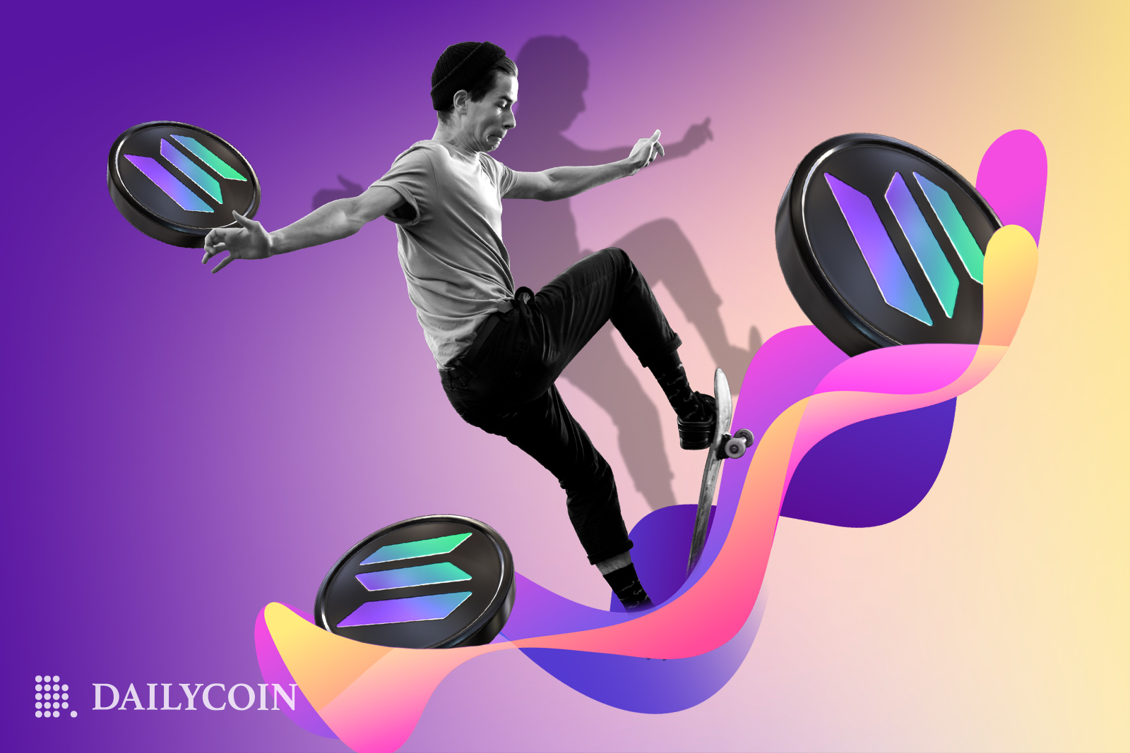 Man riding a crypto wave next to Solana tokens.