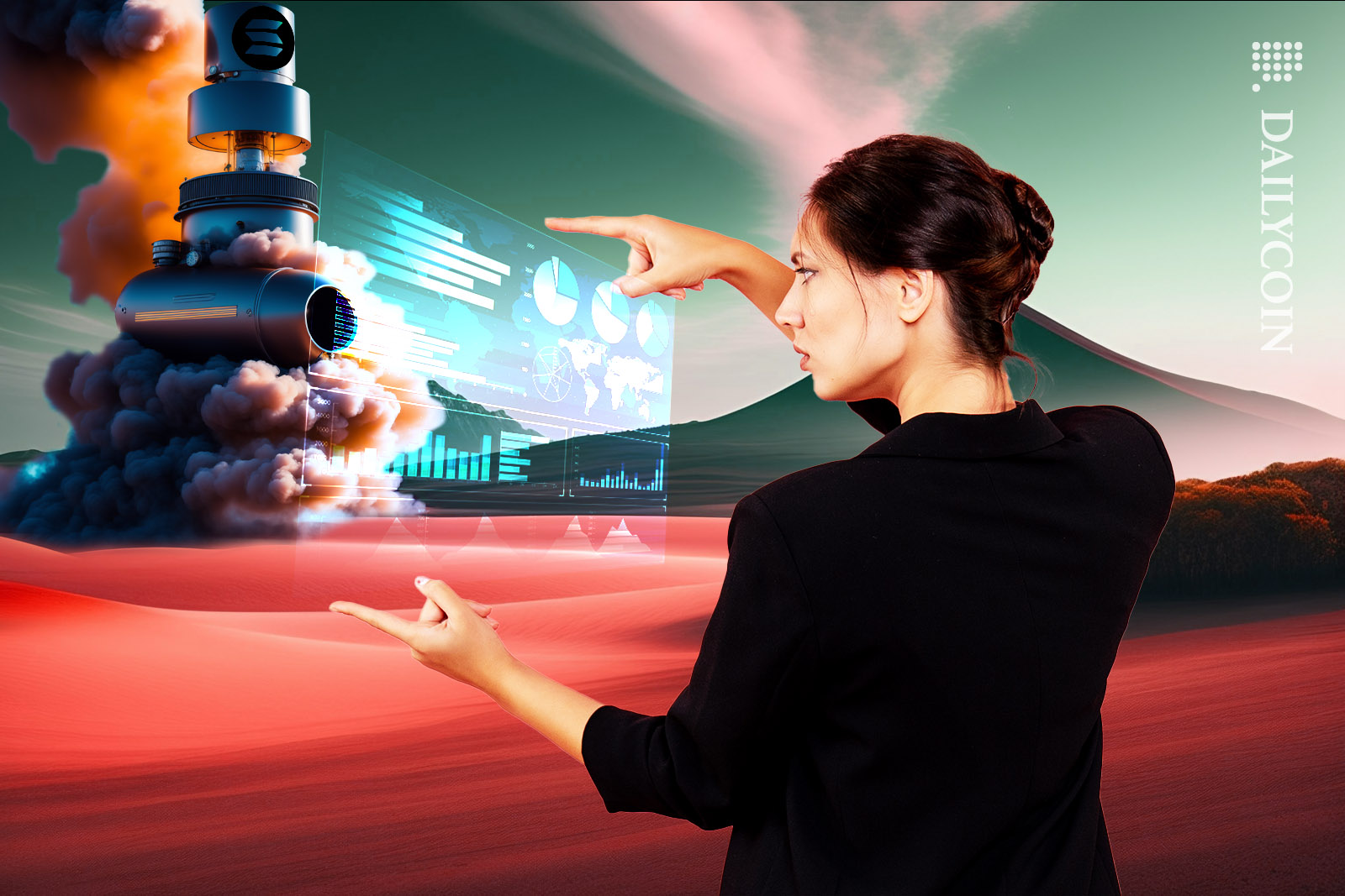 A woman using futuristic technology to track emissions from a launching Solana rocket.