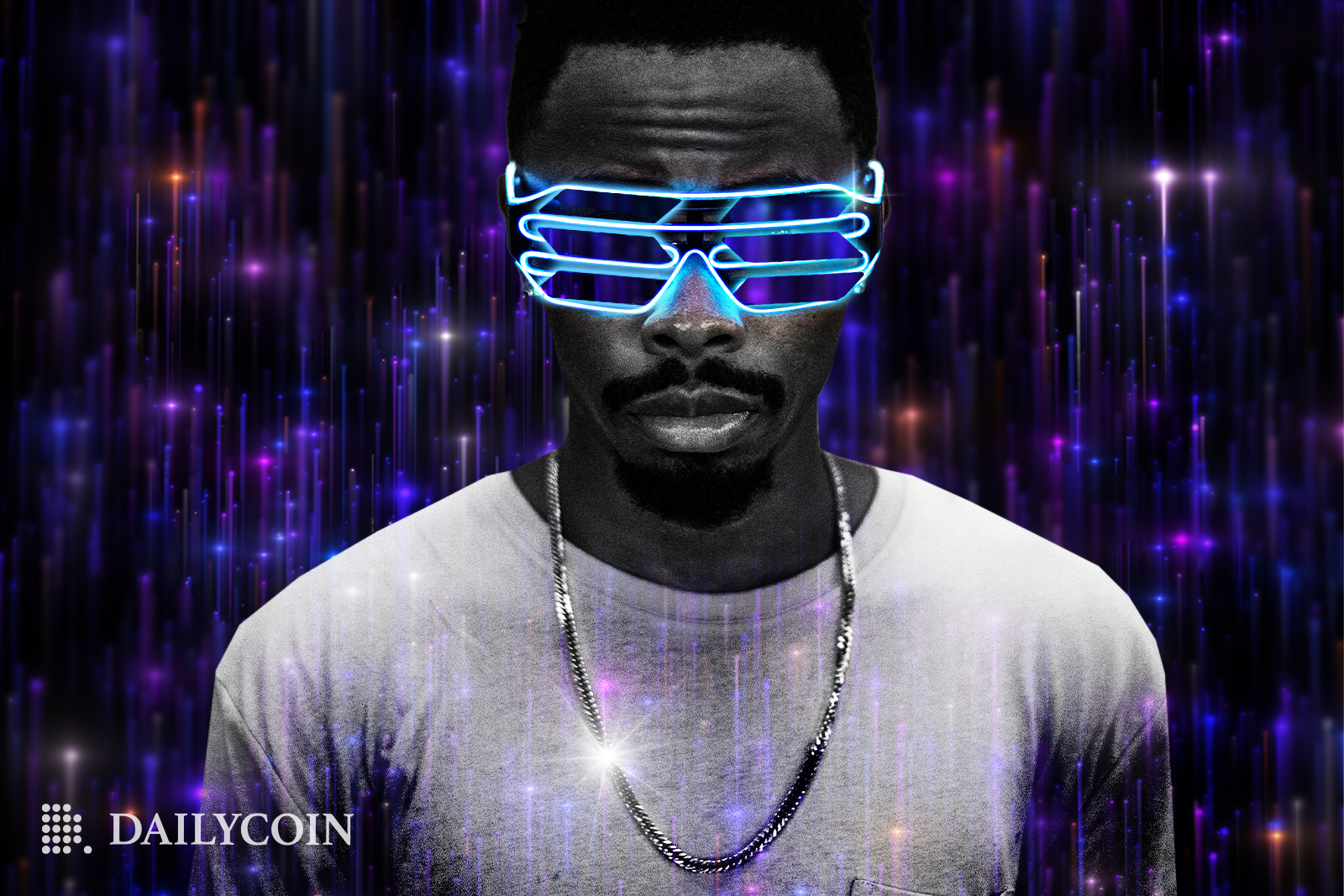 Man wearing Solana glasses in front of a cyberpunk background.
