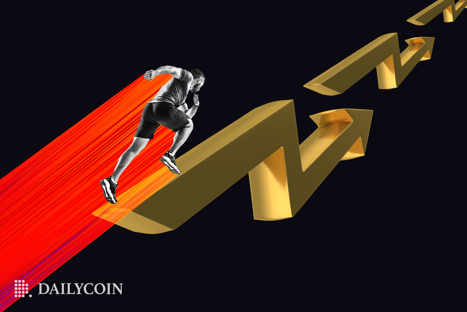 Runner sprinting up a golden arrow leaving a red trail behind.