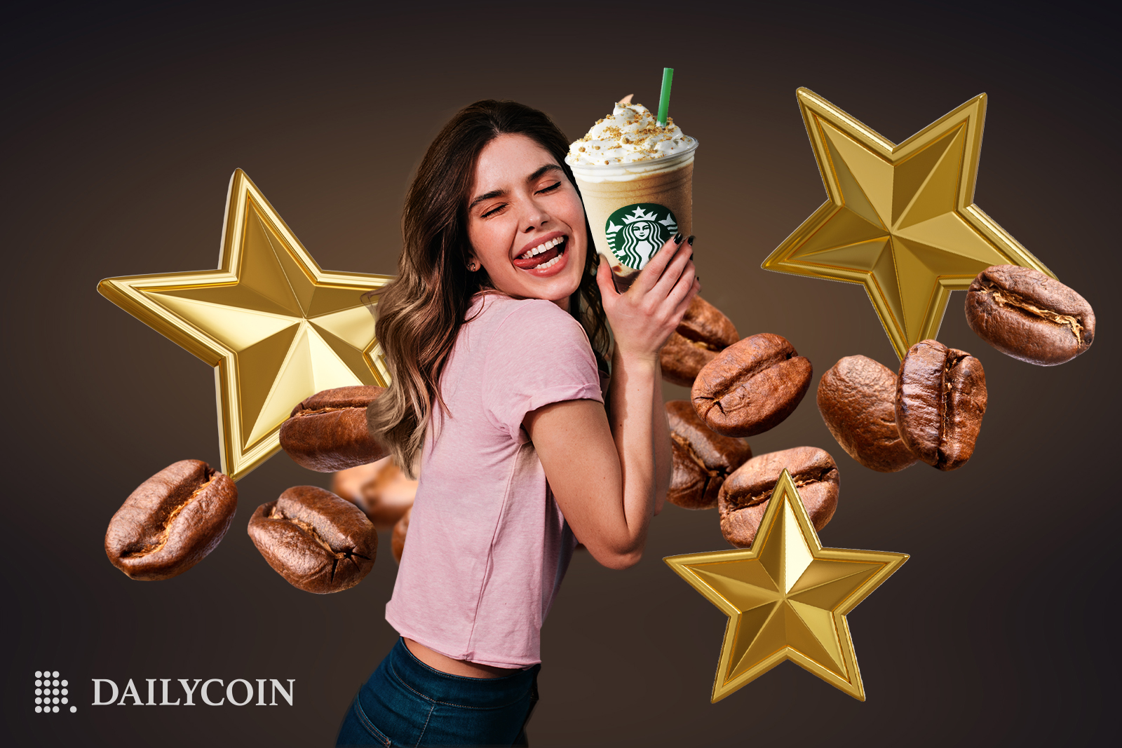 Woman hugging a Starbucks Latte.