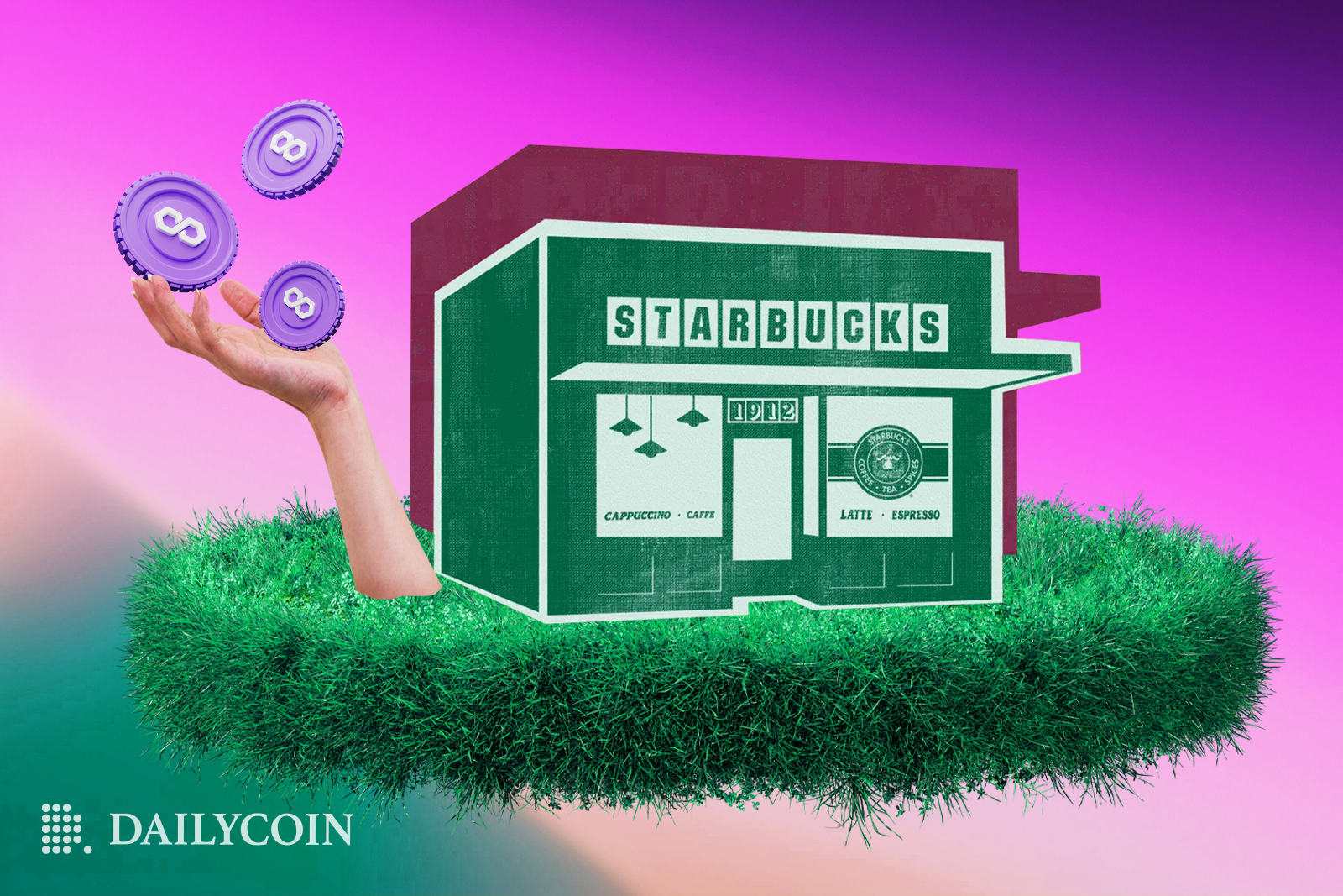 A hand belonging to Starbucks shop holding multiple Polygon MATIC tokens on a green grass floating island.