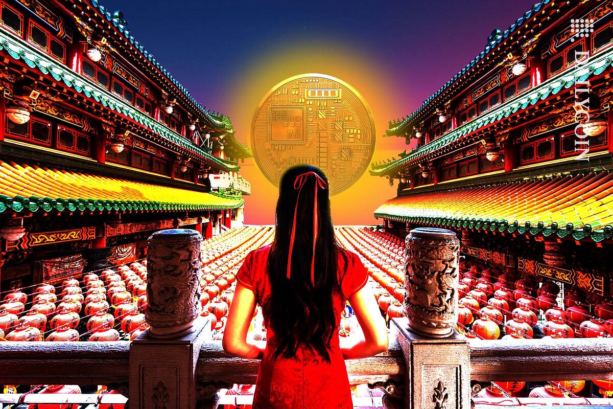 Asian woman wearing traditional Chinese dress at Sanfeng temple in Kaohsiung, Taiwan, looking at a glowing crypto coin in the sky.