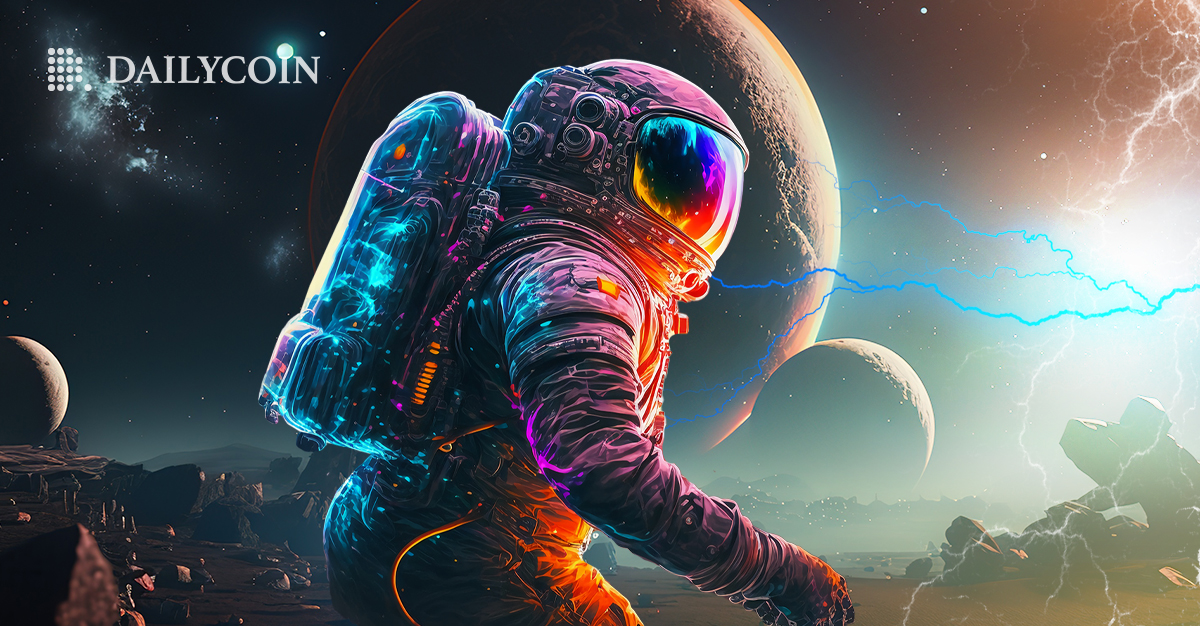 An astronaut exploring alien planet wearing a suit with light reflecting off of it.