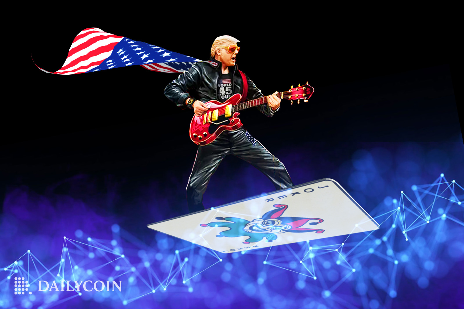 Donald Trump NFT of him playing a guitar while balancing on a joker card.