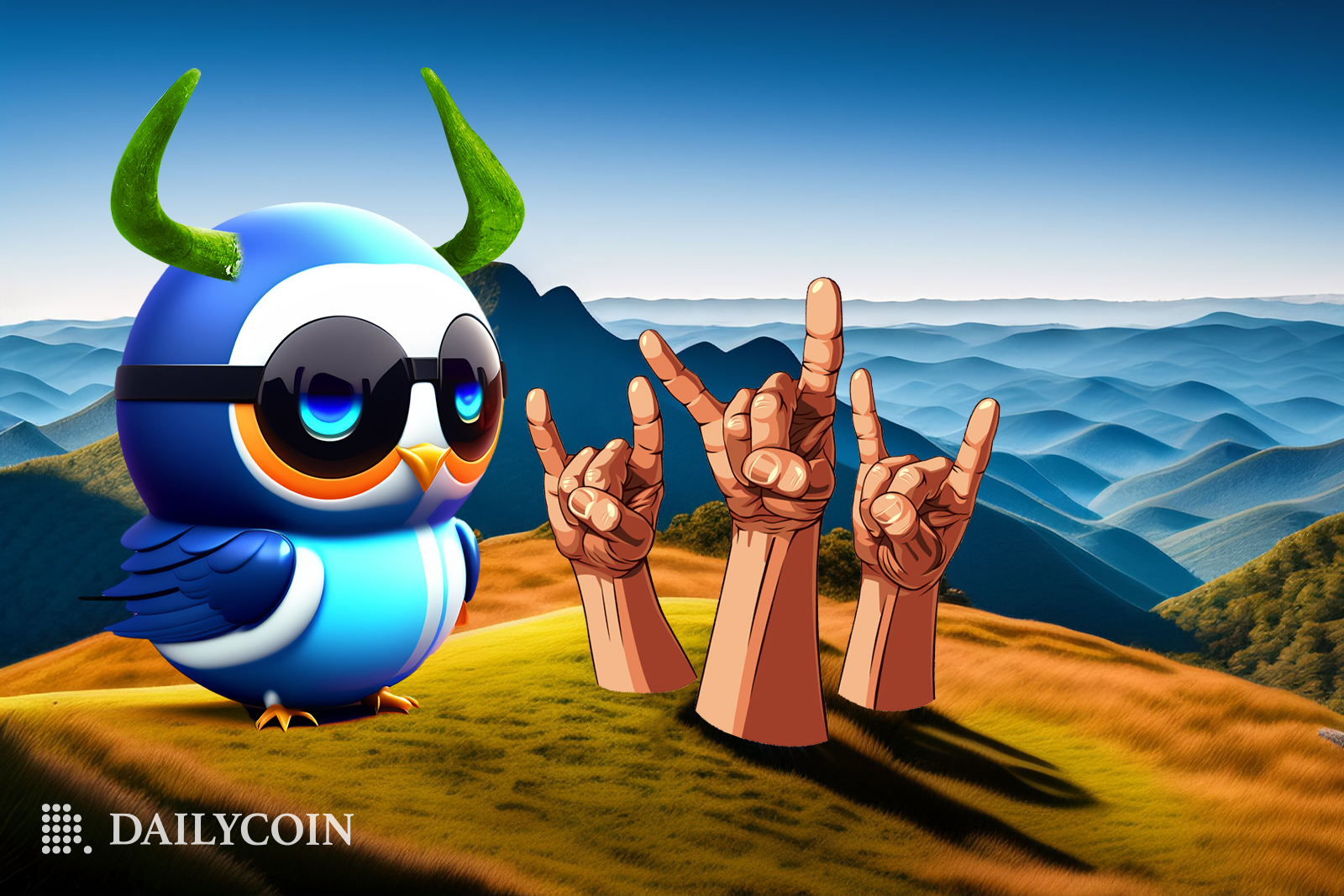 Three hands emerging from the grass holding the Rock sign as a horned blue bird is welcoming eToro.