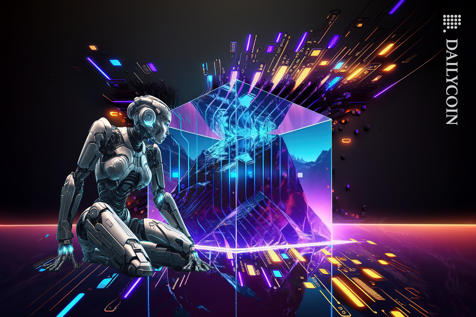 Robot sitting on the floor and looking at a glass box and software beam in the background.