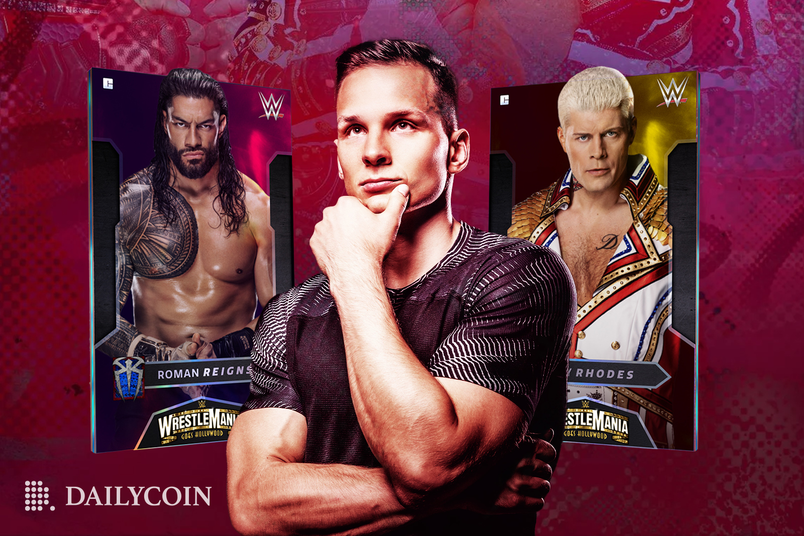 A sports fan is trying to decide between a Roman Reigns and Cody Rhodes for a free NFT.