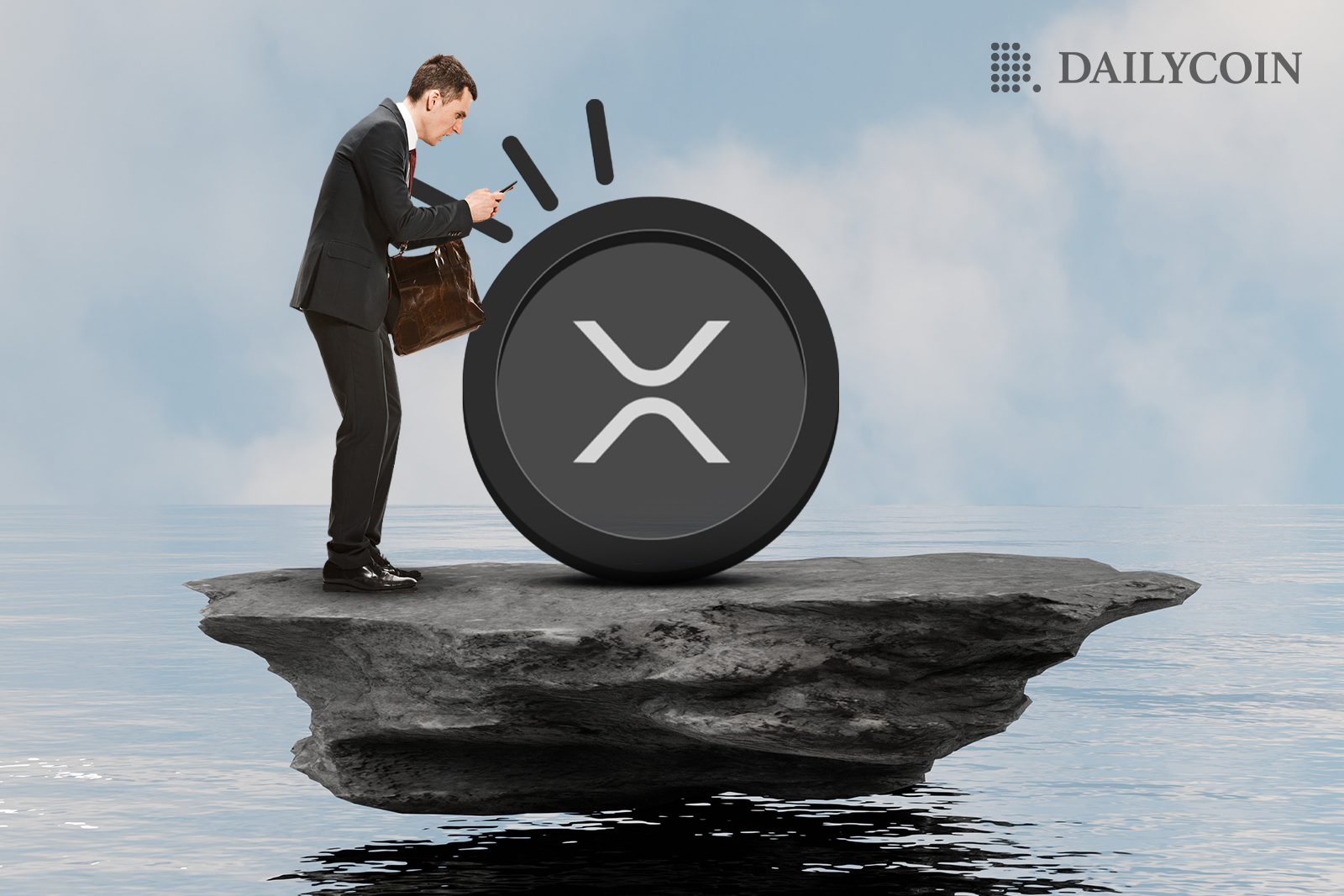 A man in a suit taking a photo of XRP coin price while standing on a rock platform above the water.