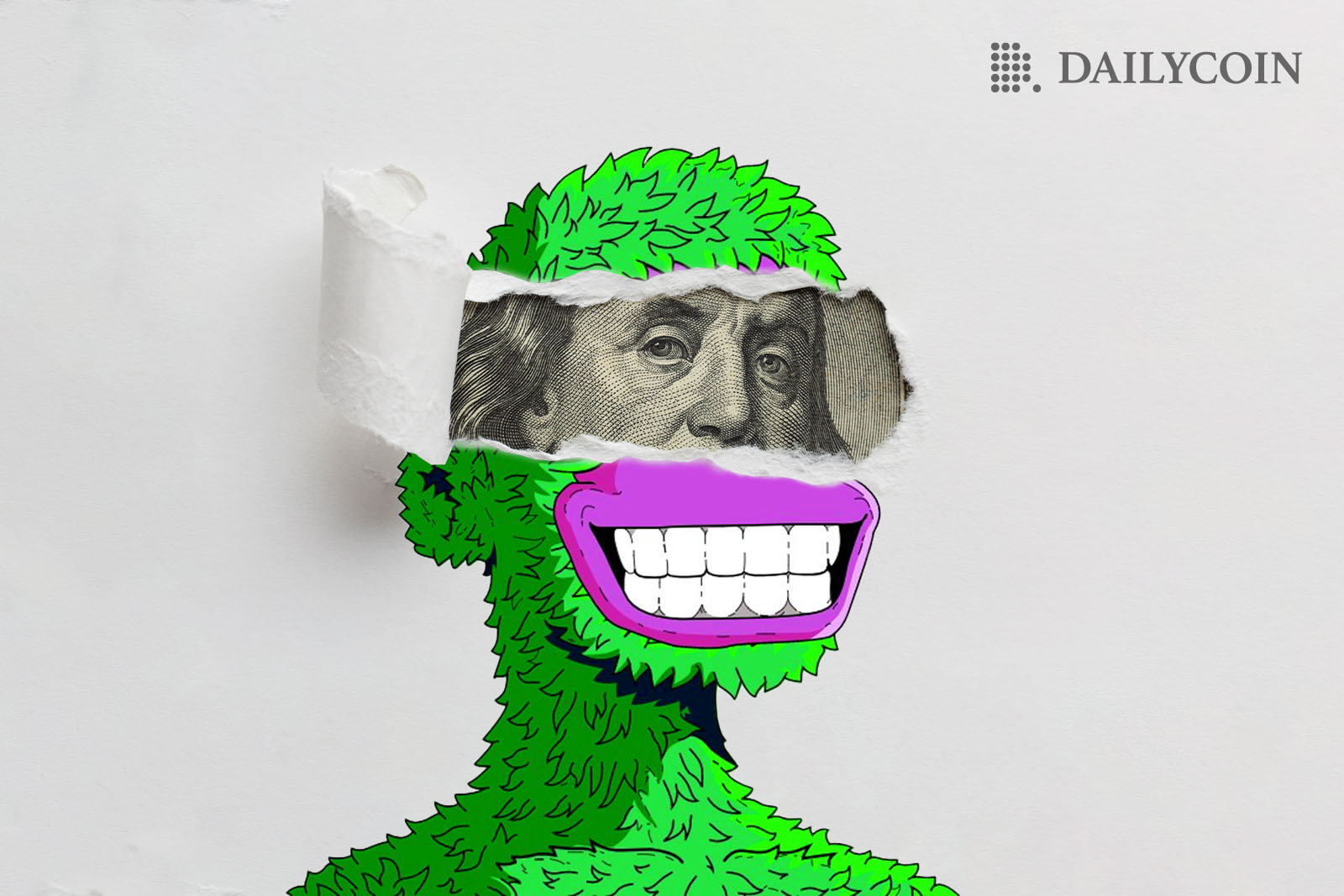 Franklin on a dollar peeking through ripped y00ts NFT.